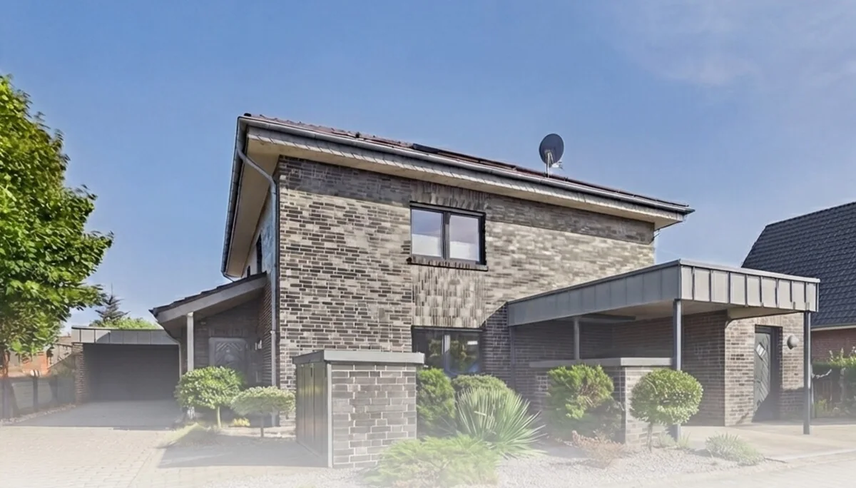 Freistehendes Einfamilienhaus mit Klinkerfassade, vermarktet von Geradehaus